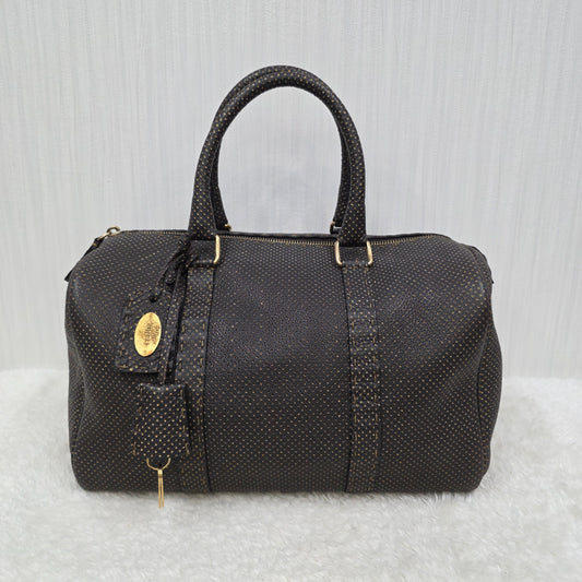 FENDI Selleria Leather Boston Handbag in Dark Brown [Pre-Owned]