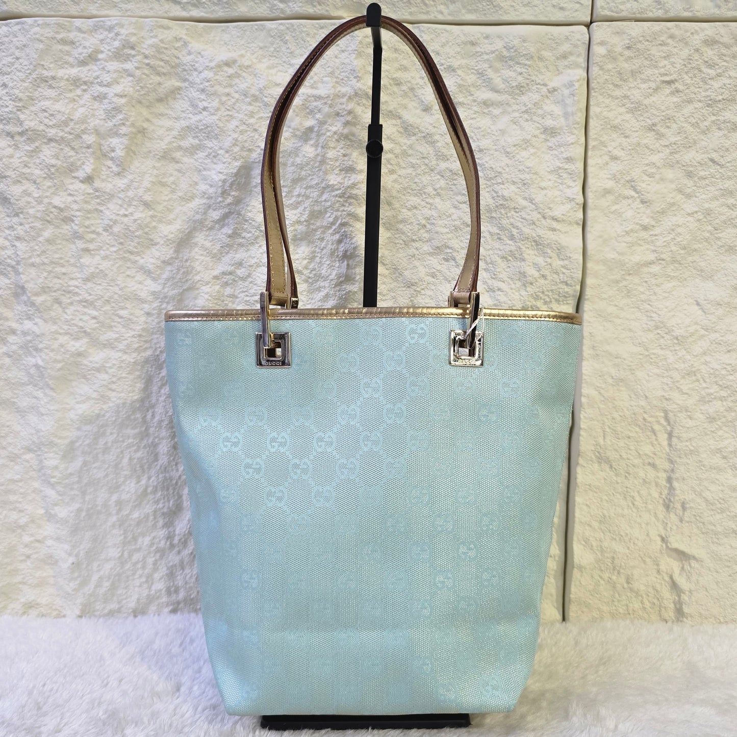 GUCCI グッチ トートバッグ GGキャンバス スカイブルー ライトブルー ホワイト レザー【中古】