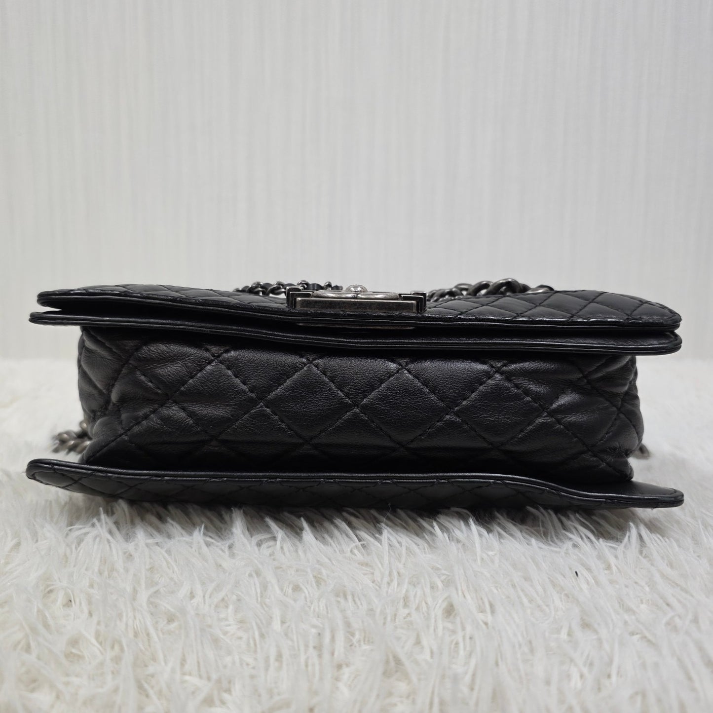 CHANEL Boy Chanel Black Leather Chain Shoulder Handbag [Pre-Owned]
