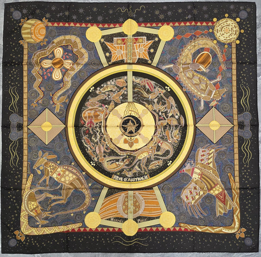 Hermès Carré 90 “Rêve d’Australie” Silk Scarf – Black [Pre-Owned]