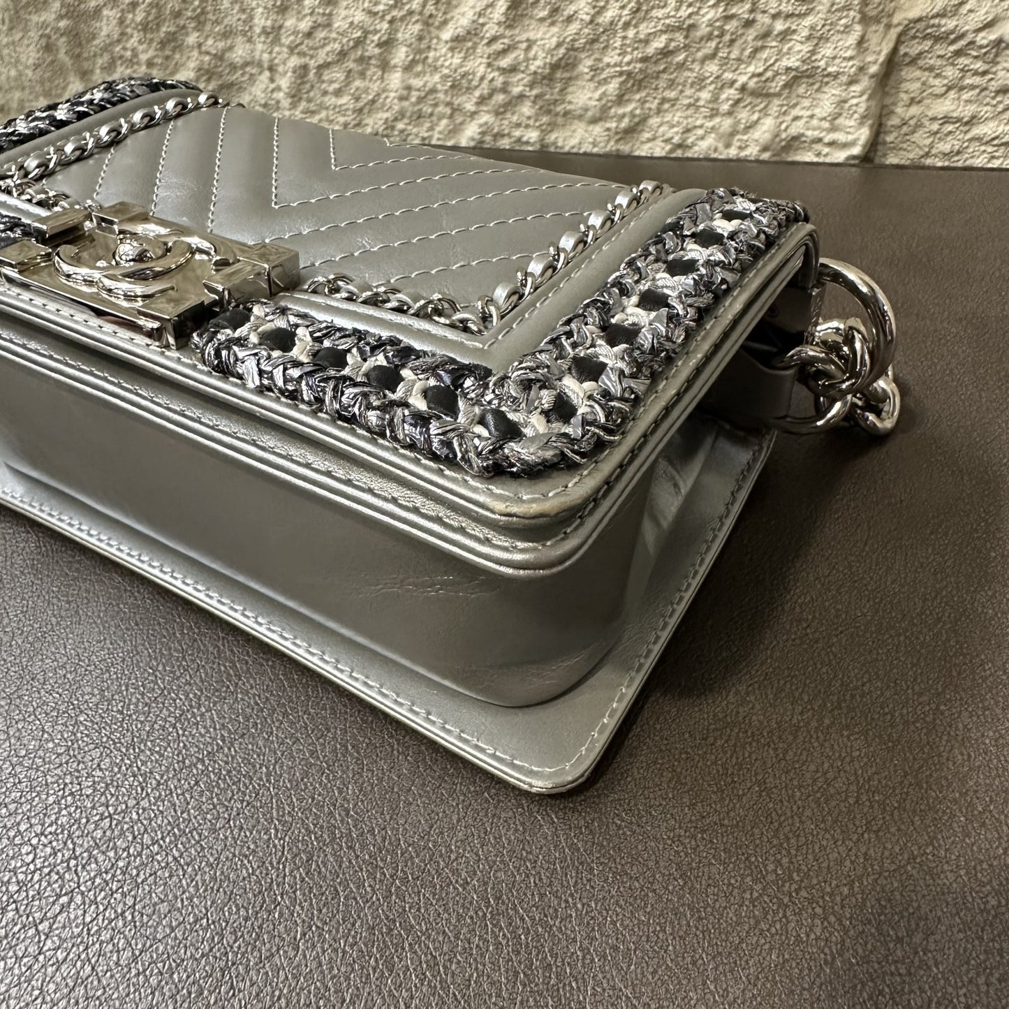 CHANEL Boy Chanel Matelassé Shoulder Bag Silver [Pre-Owned]