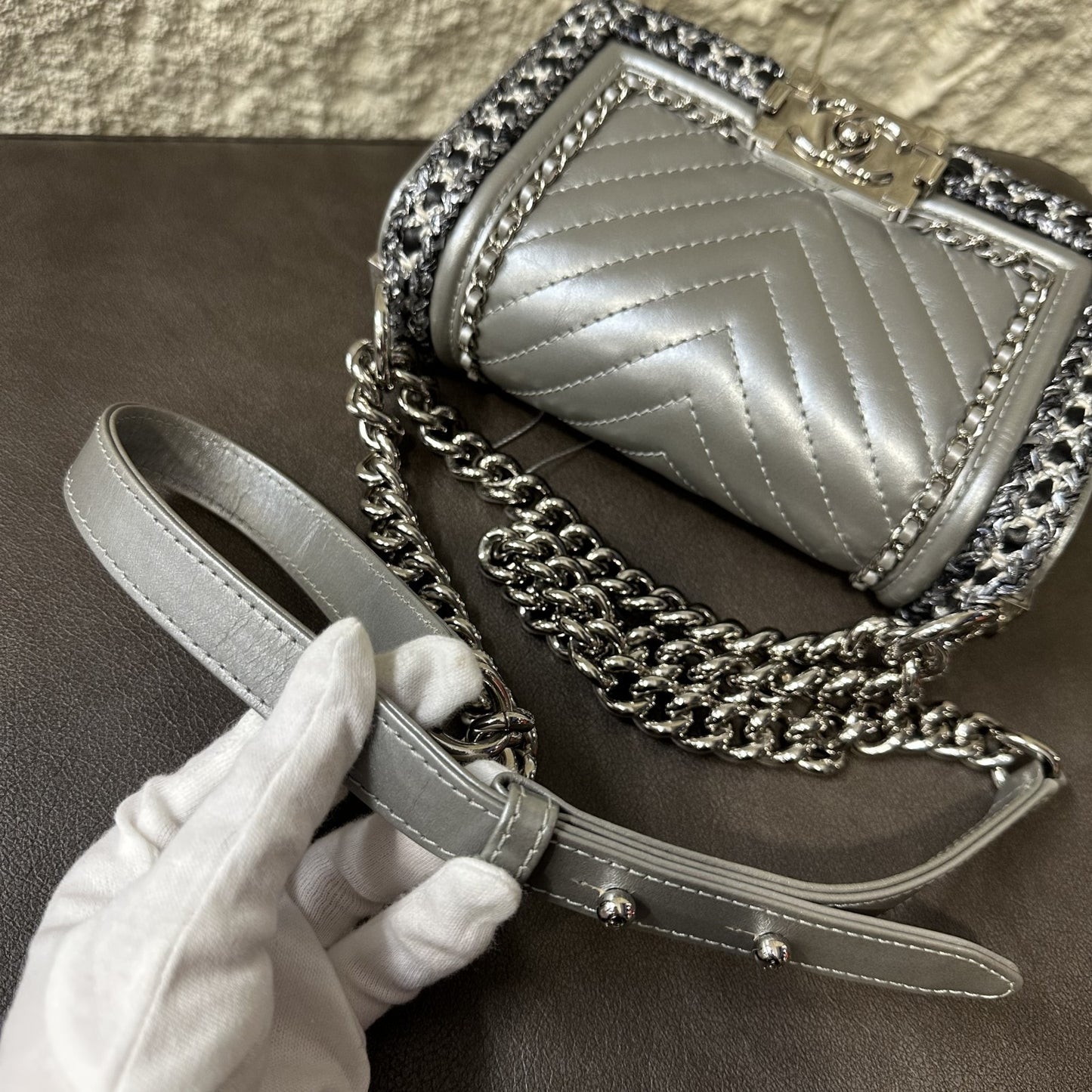 CHANEL Boy Chanel Matelassé Shoulder Bag Silver [Pre-Owned]