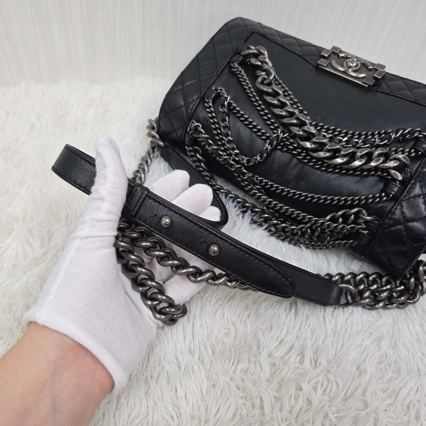 CHANEL Boy Chanel Black Leather Chain Shoulder Handbag [Pre-Owned]