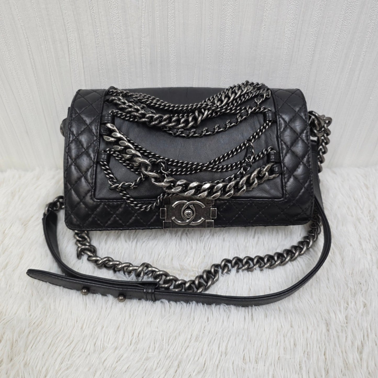CHANEL Boy Chanel Black Leather Chain Shoulder Handbag [Pre-Owned]