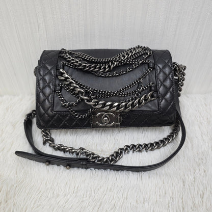 CHANEL Boy Chanel Black Leather Chain Shoulder Handbag [Pre-Owned]