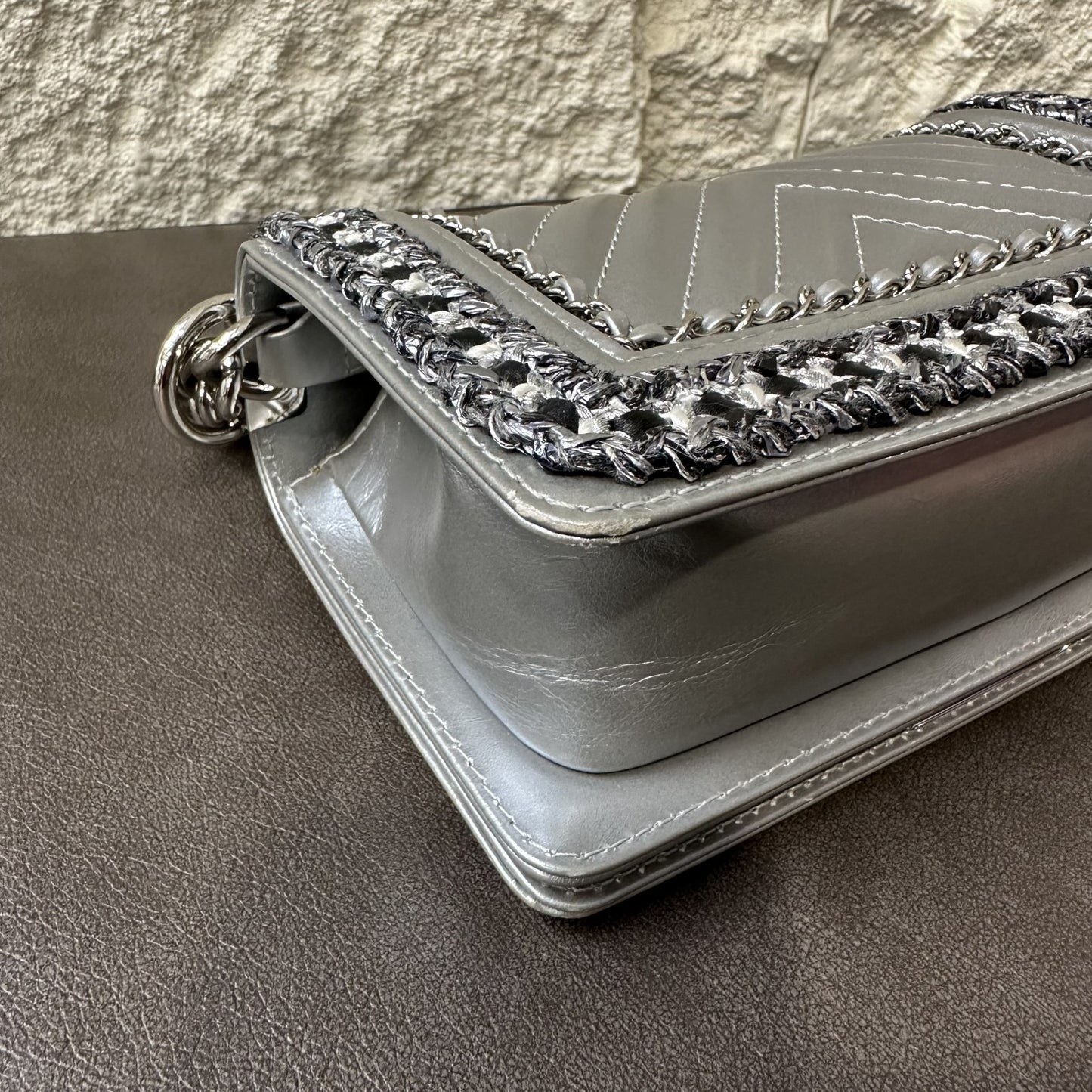 CHANEL Boy Chanel Matelassé Shoulder Bag Silver [Pre-Owned]