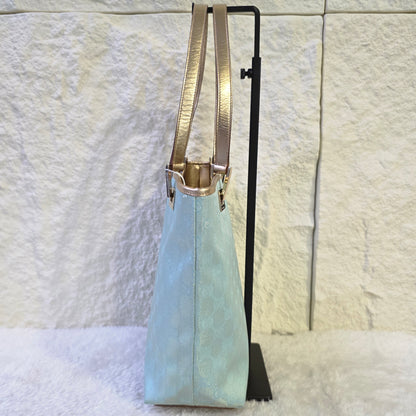 GUCCI グッチ トートバッグ GGキャンバス スカイブルー ライトブルー ホワイト レザー【中古】