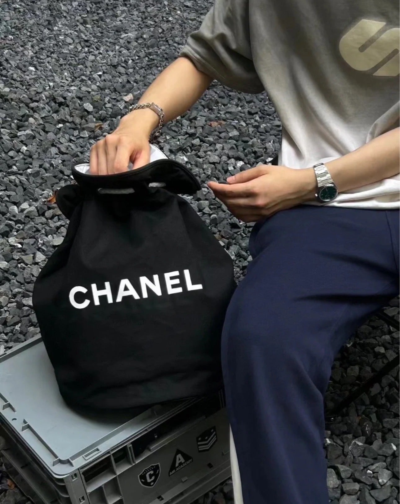 Chanel Black and White Canvas Bucket bag [Pre-owned]