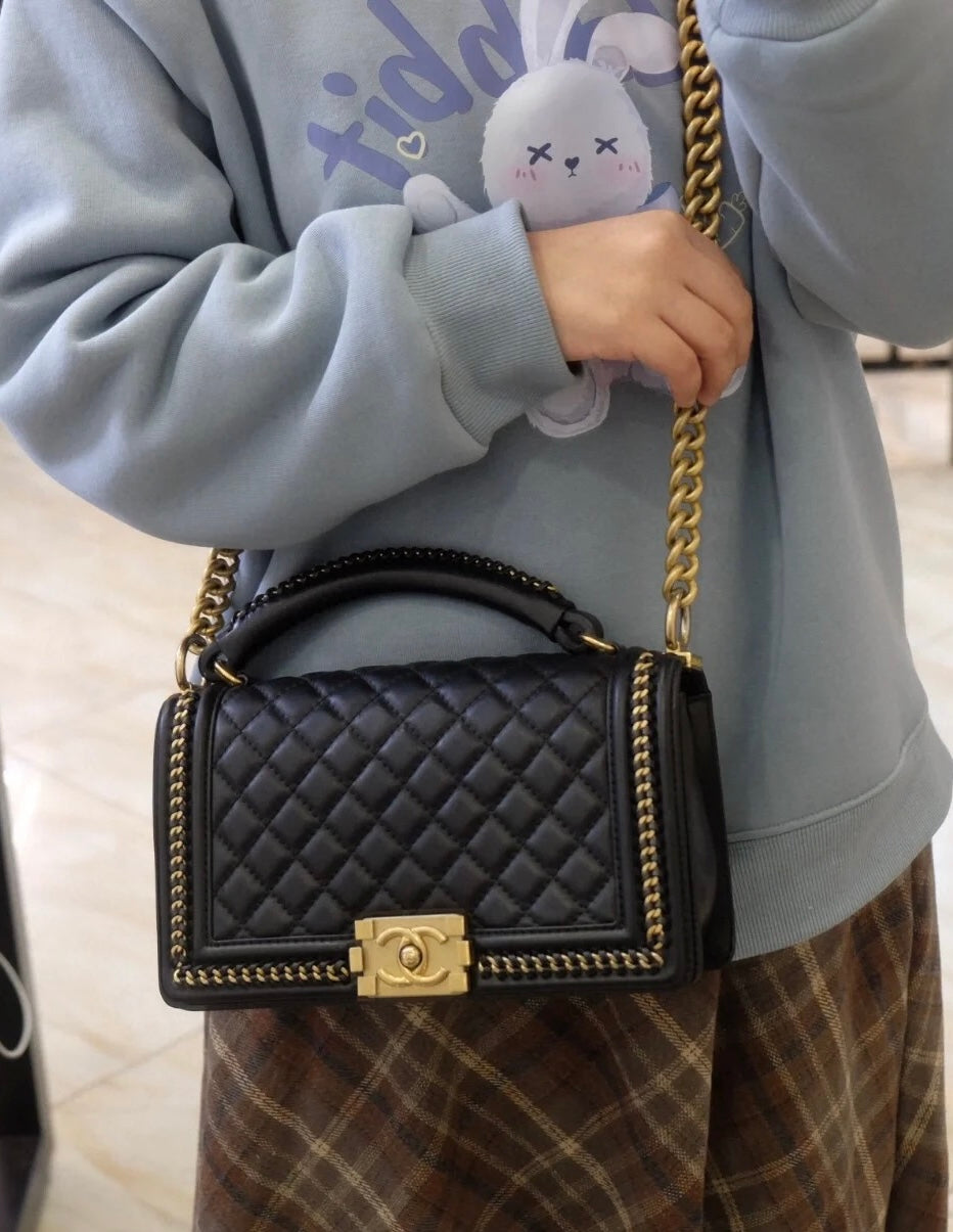 Chanel Classic Black and Gold Handle Le Boy Bag [pre-owned]