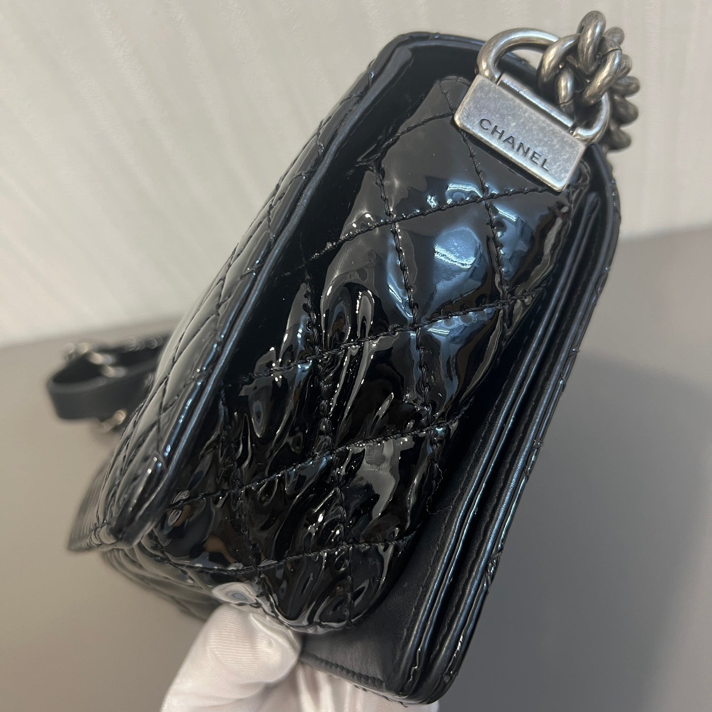 CHANEL Black & Silver Le Boy Patent Leather Bag [Pre-Owned]