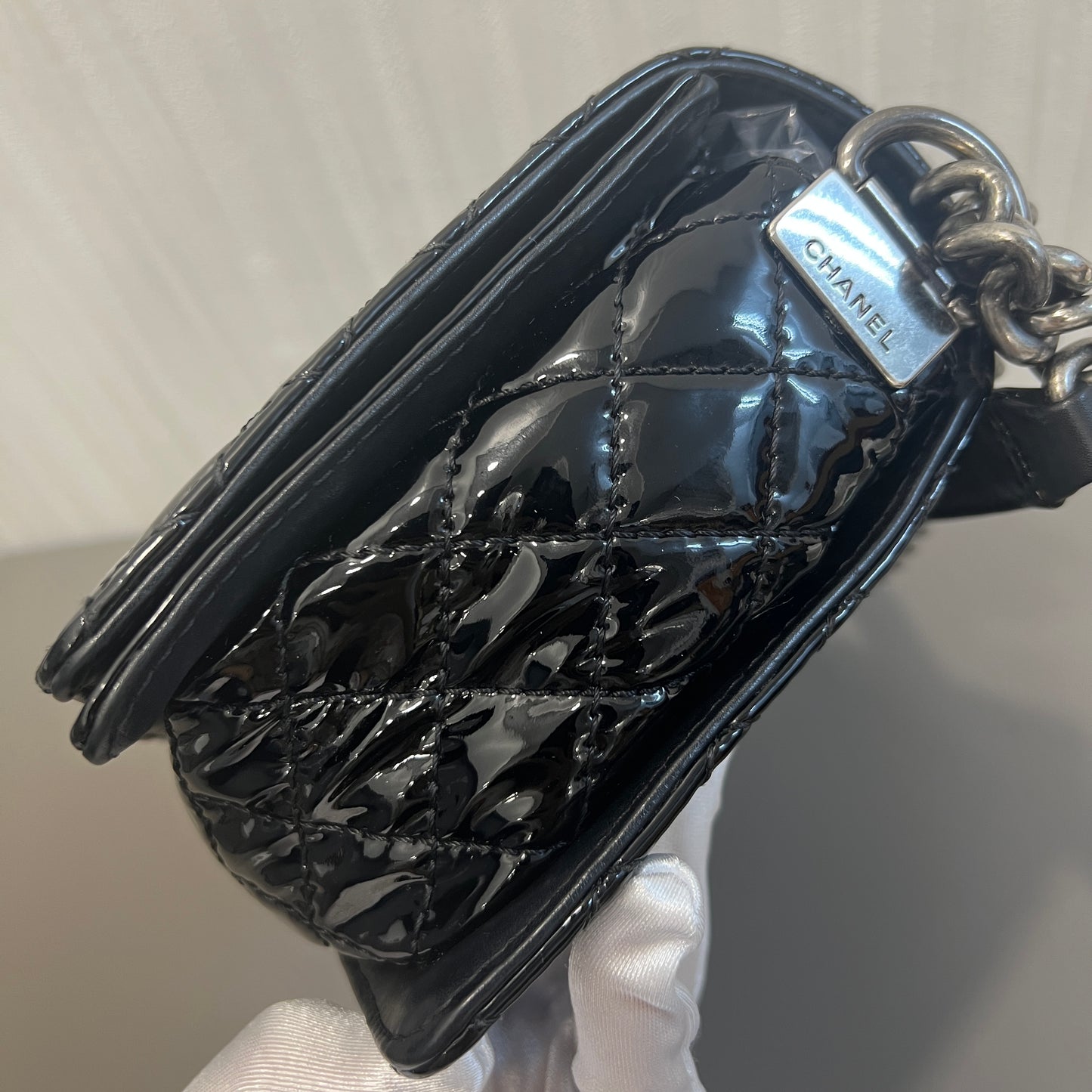 CHANEL Black & Silver Le Boy Patent Leather Bag [Pre-Owned]