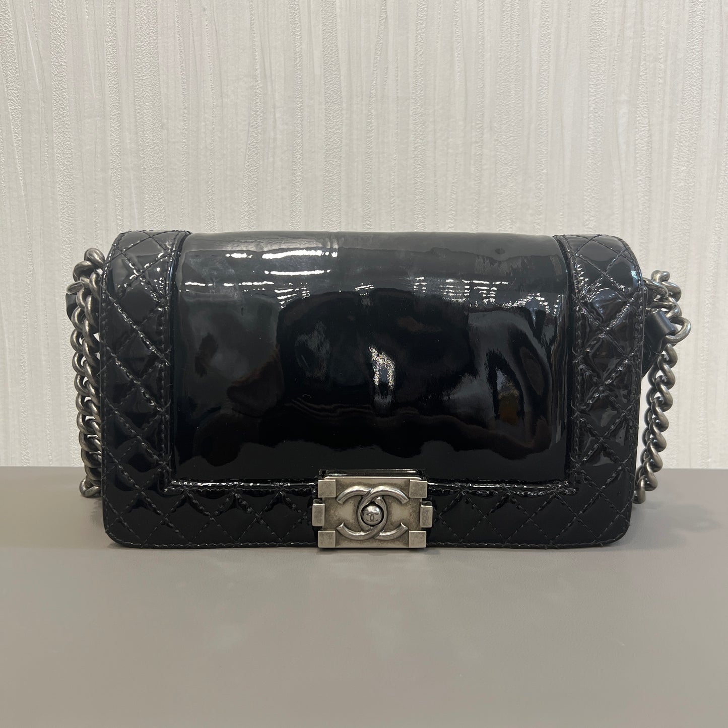 CHANEL Black & Silver Le Boy Patent Leather Bag [Pre-Owned]
