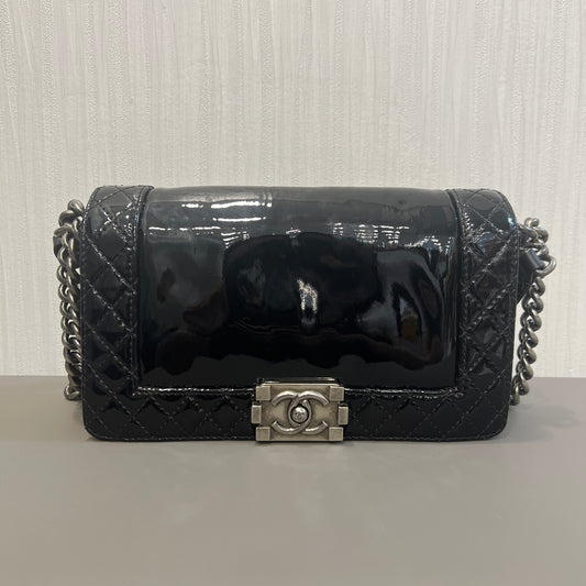 CHANEL Black & Silver Le Boy Patent Leather Bag [Pre-Owned]