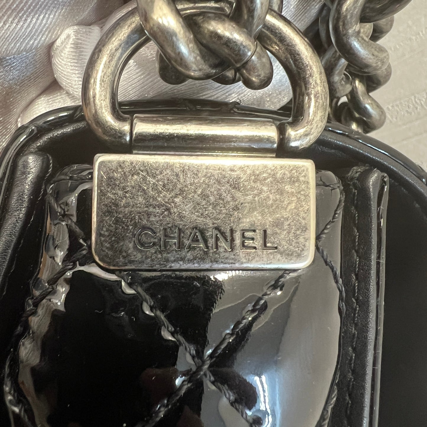 CHANEL Black & Silver Le Boy Patent Leather Bag [Pre-Owned]