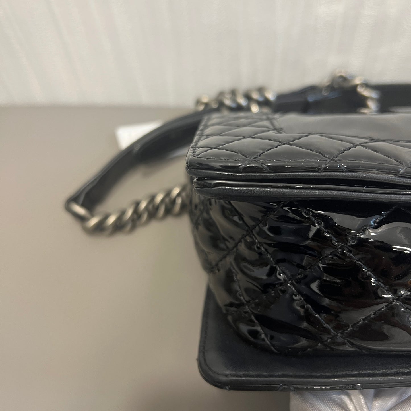 CHANEL Black & Silver Le Boy Patent Leather Bag [Pre-Owned]