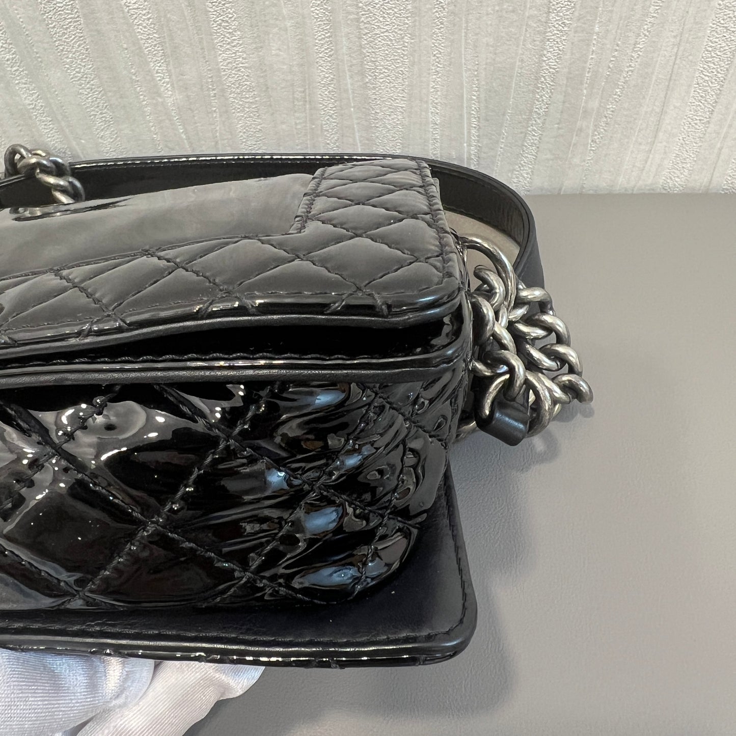 CHANEL Black & Silver Le Boy Patent Leather Bag [Pre-Owned]