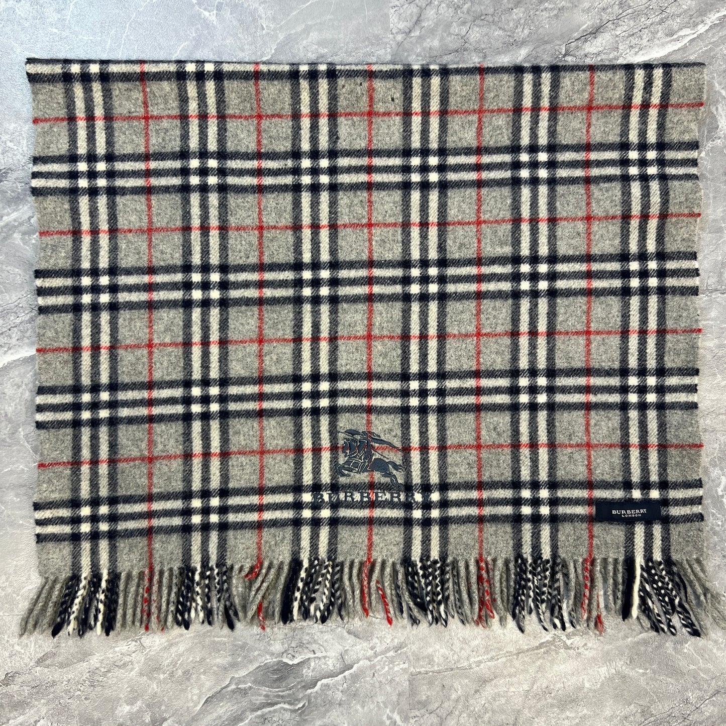 BURBERRY Gray Checked Equestrian Knight Wool Shawl [Pre-Owned]
