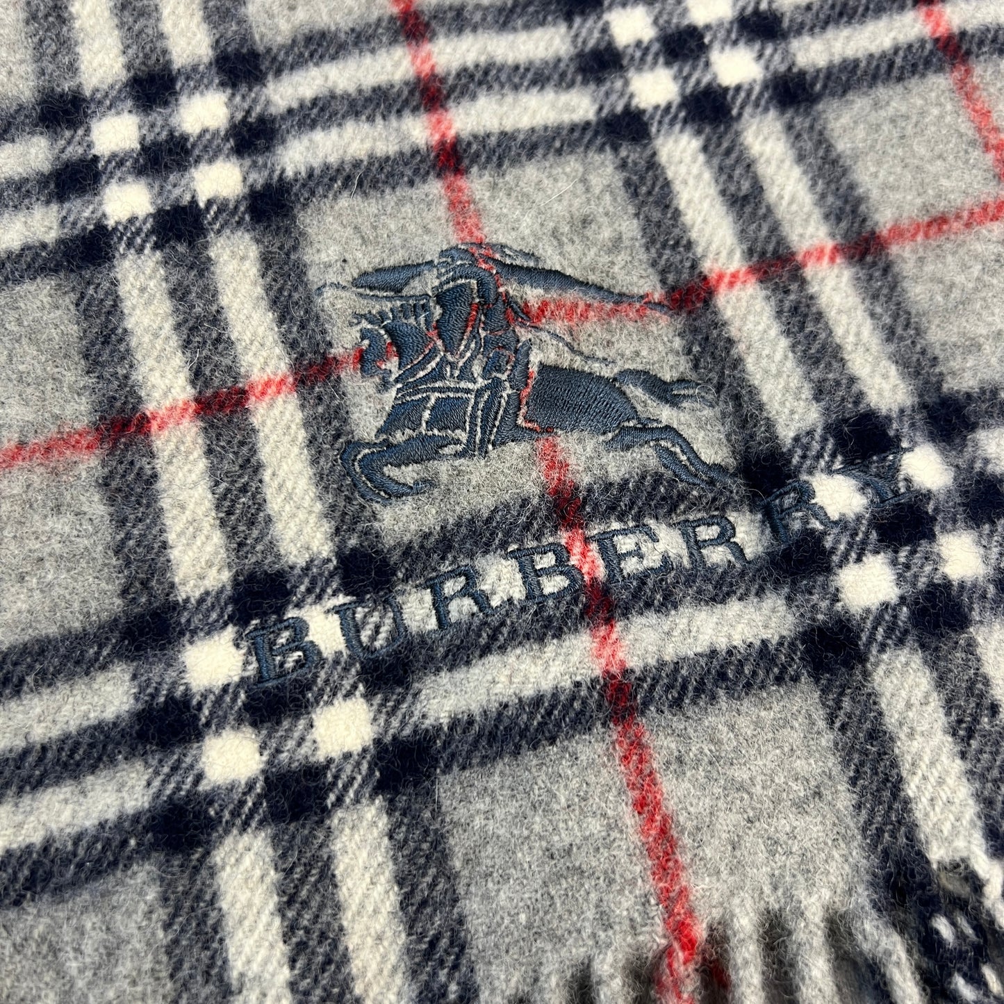 BURBERRY Gray Checked Equestrian Knight Wool Shawl [Pre-Owned]