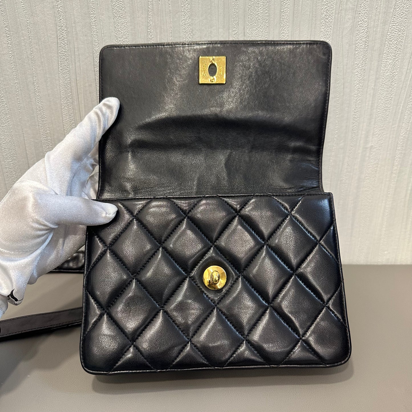 Chanel Black Caviar Embossed Clasp Square Flap Bag [Pre-Owned]