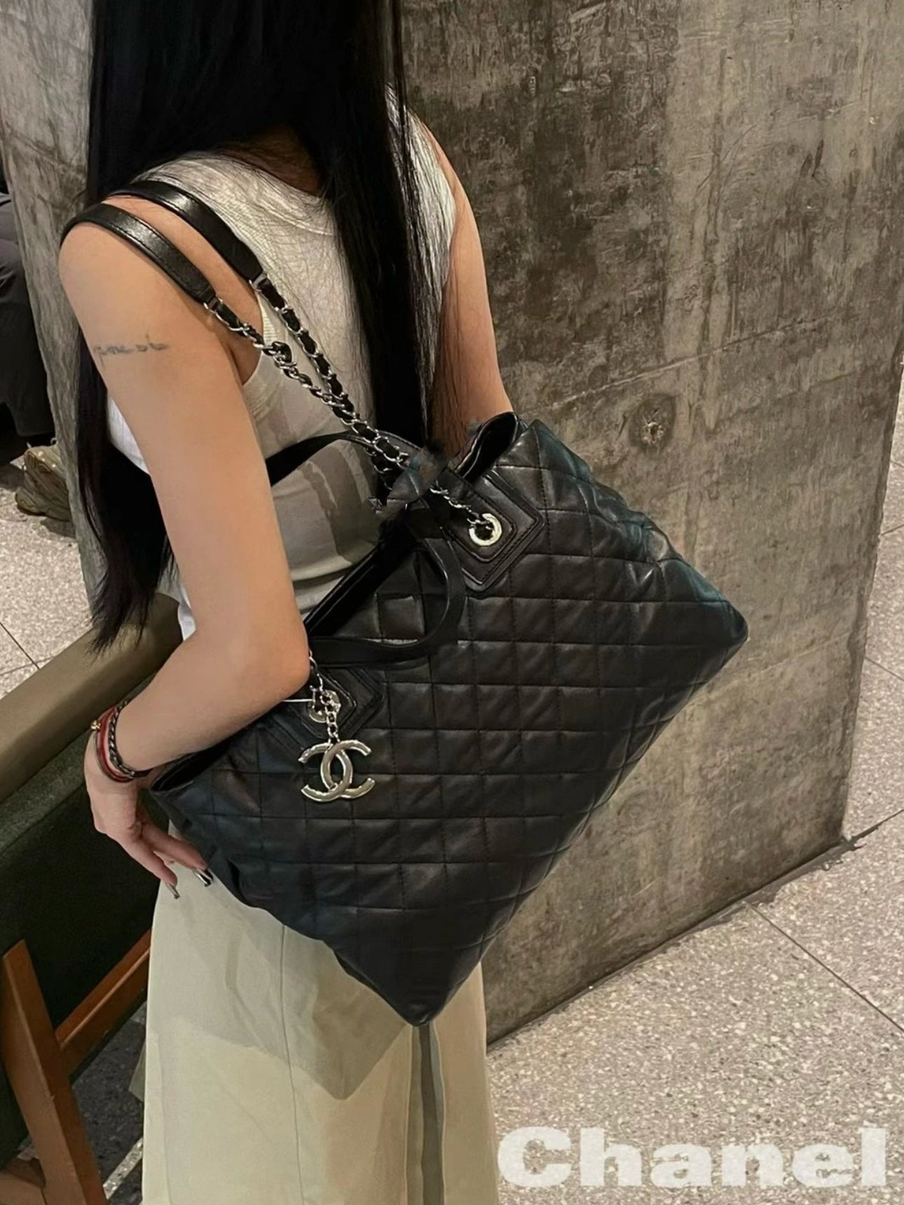 Chanel Black Silver Large Tote Bag [Pre-Owned]