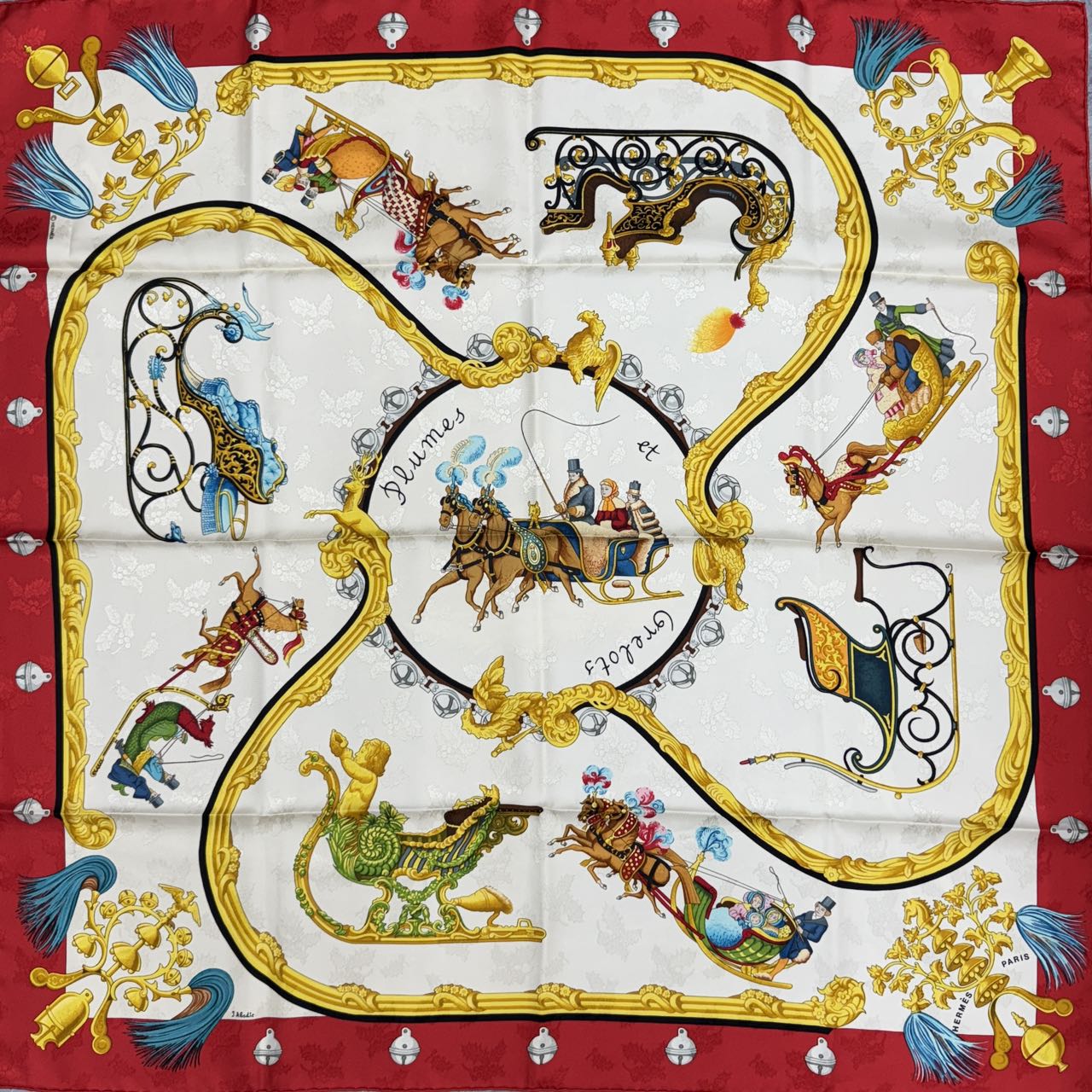 HERMÈS 90 Scarf "Plumes et grelots" [Pre-Owned]