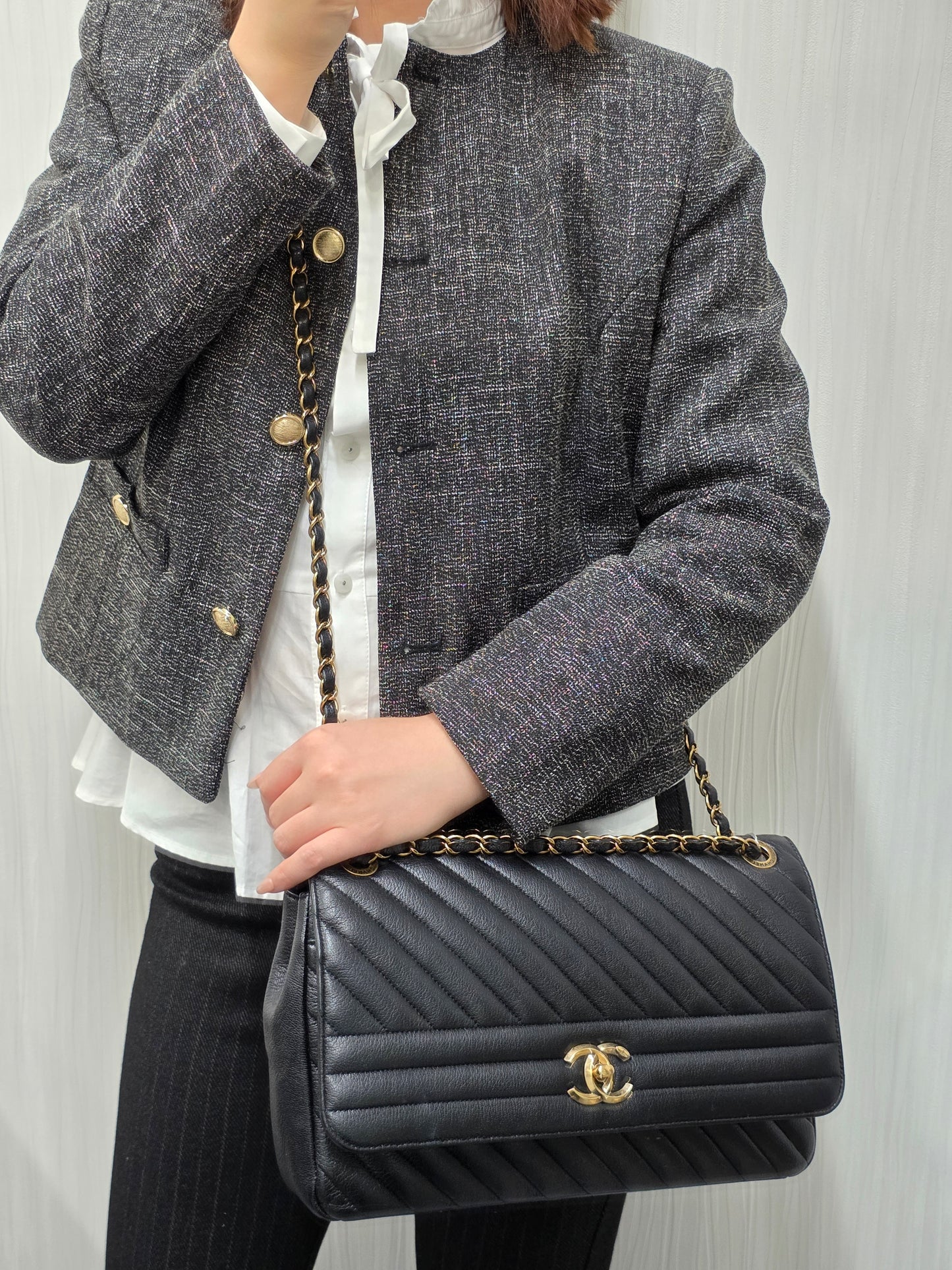 CHANEL Black & Gold Chevron Crossbody Bag [Pre-Owned]