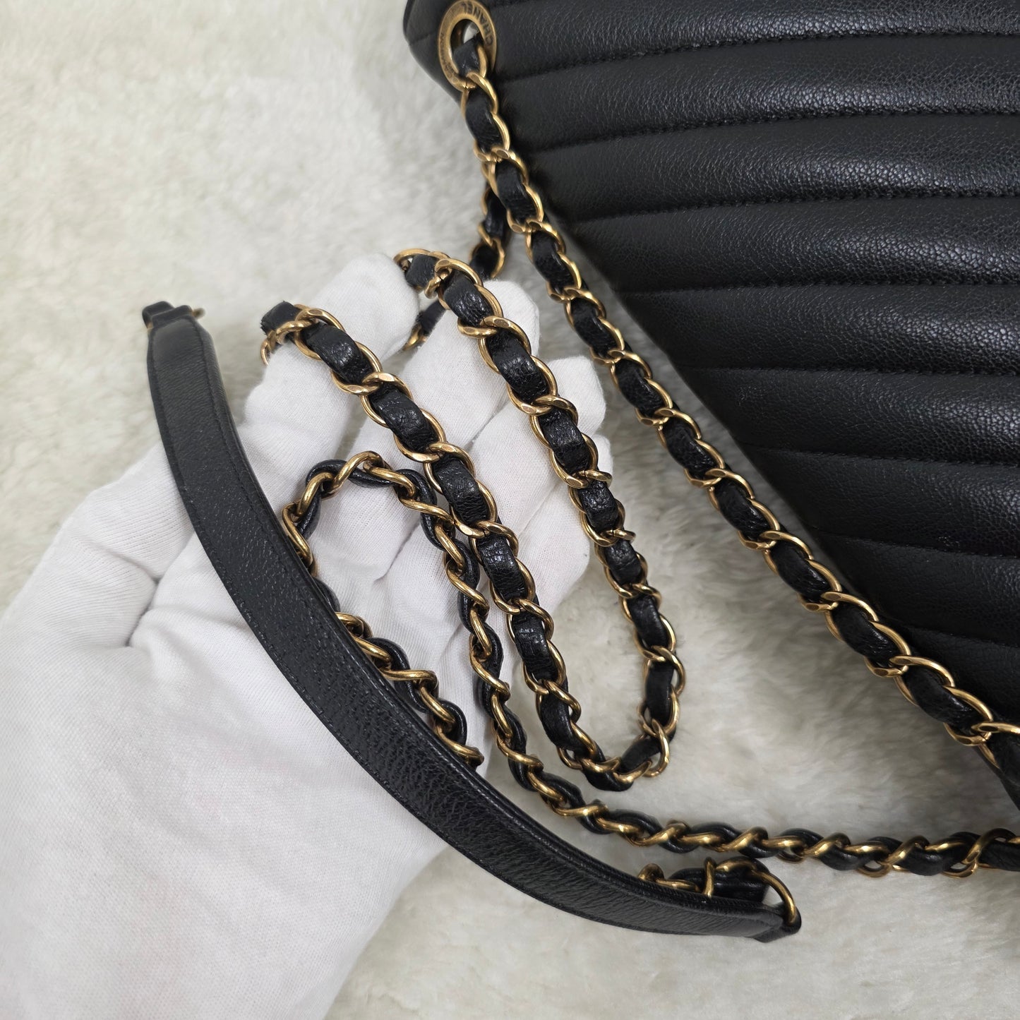 CHANEL Black & Gold Chevron Crossbody Bag [Pre-Owned]
