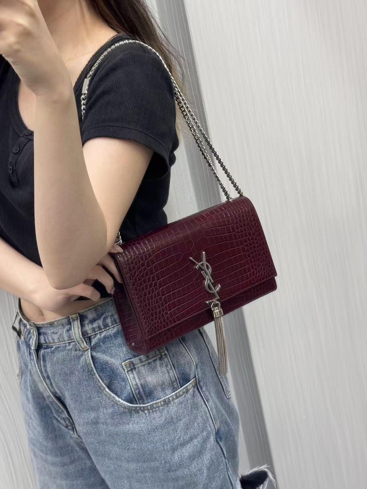 YSL Embossed Leather Tassel Shoulder Bag [Pre-Owned]