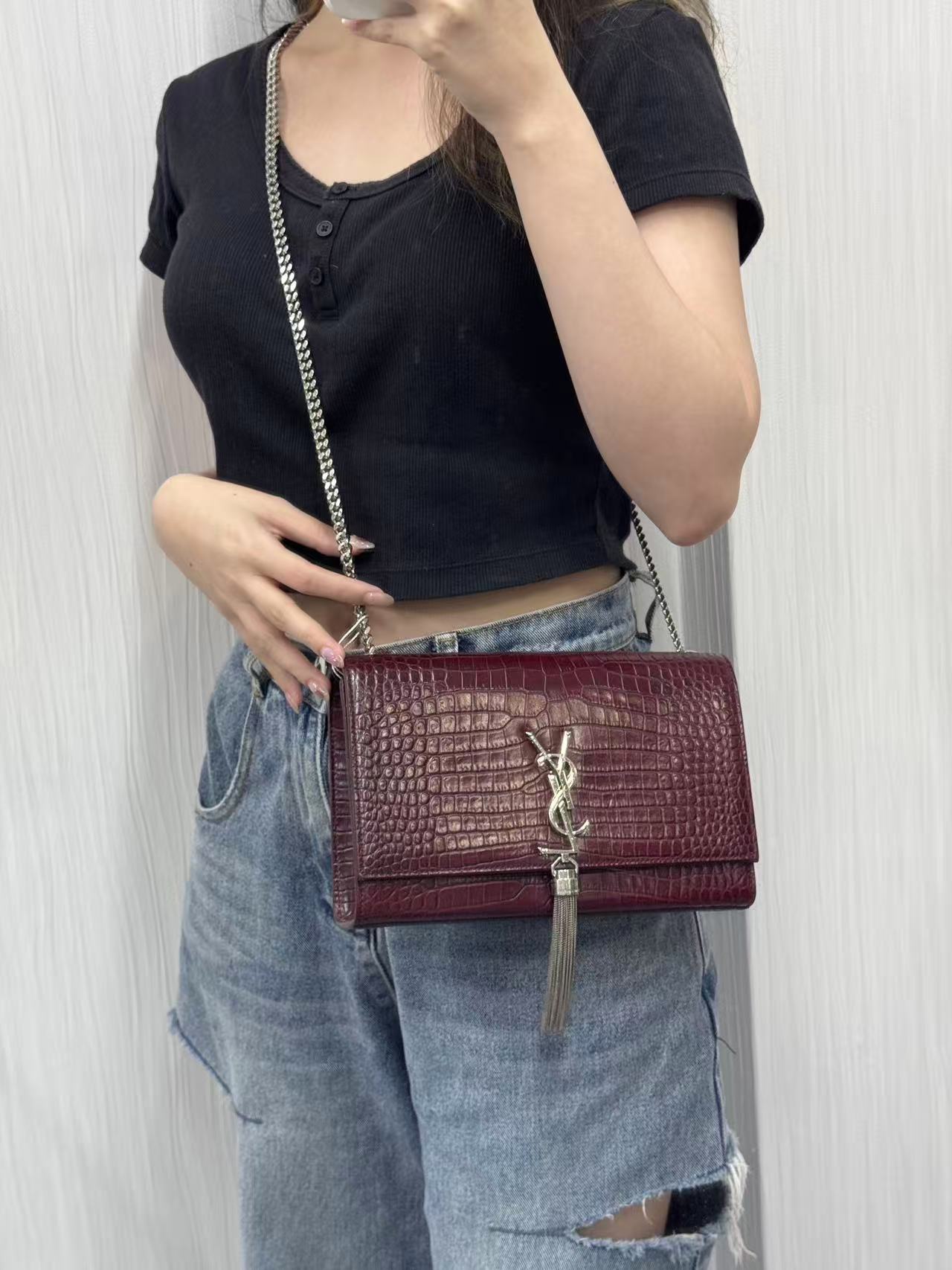 YSL Embossed Leather Tassel Shoulder Bag [Pre-Owned]
